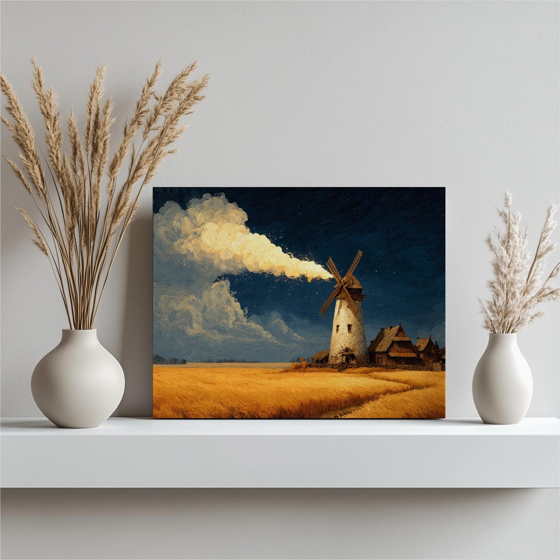 Windmill Wheat Field Sunset Rustic Farmhouse Landscape Poster