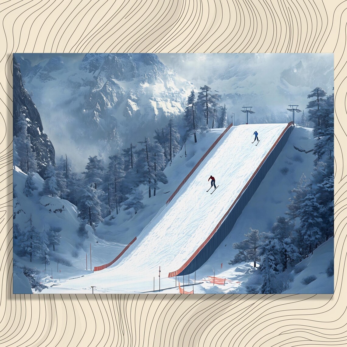 Ski Jump Hill Snowy Mountains Two Skiers Winter Sport Poster