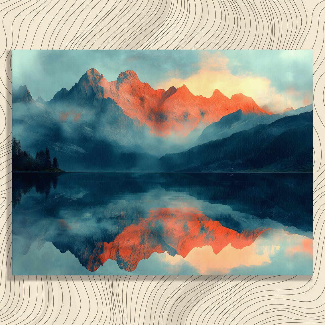 Sunset Mountain Lake Reflection Glowing Red Peaks Mirror Poster