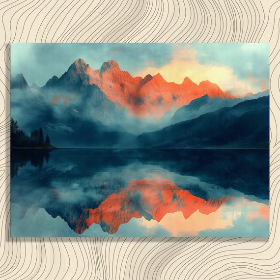 Serene Mountain Lake Canvas Wall Art Modern Misty Sunset Reflection Landscape Decor Print For Nature Lovers Home