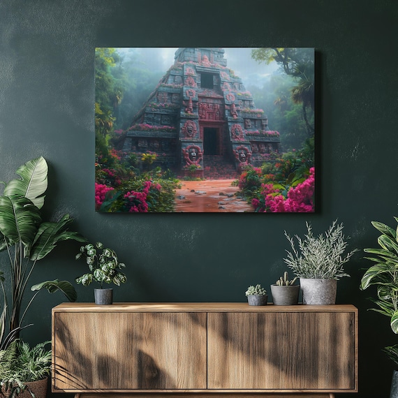 Mayan Temple Jungle Art Print, Tropical Decor