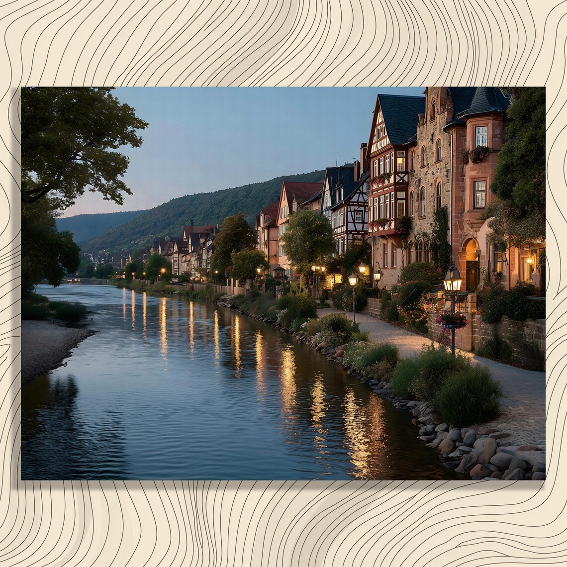 Picturesque German Village River Dusk Canvas Wall Art Timber Houses