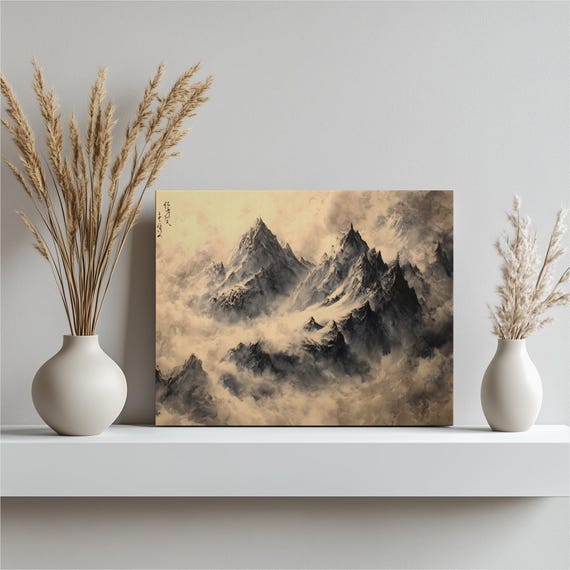 Misty Mountain Canvas Wall Art Traditional Sumi Ink Wash Landscape Print Minimalist Black White Nature Decor Painting Gift Zen Prin