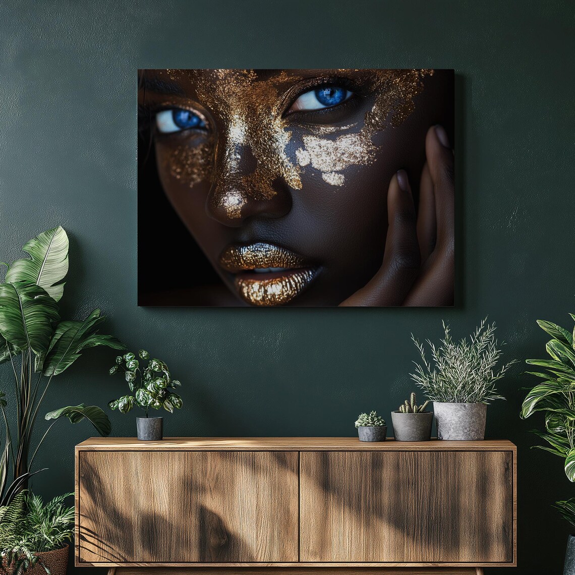 Striking Golden Glitter Beauty Portrait Blue Eyes Makeup Poster