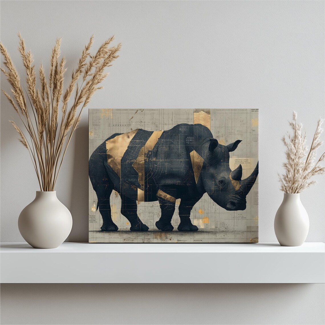Black Rhino With Gold Geometric Accents Blueprint Safari Art Poster