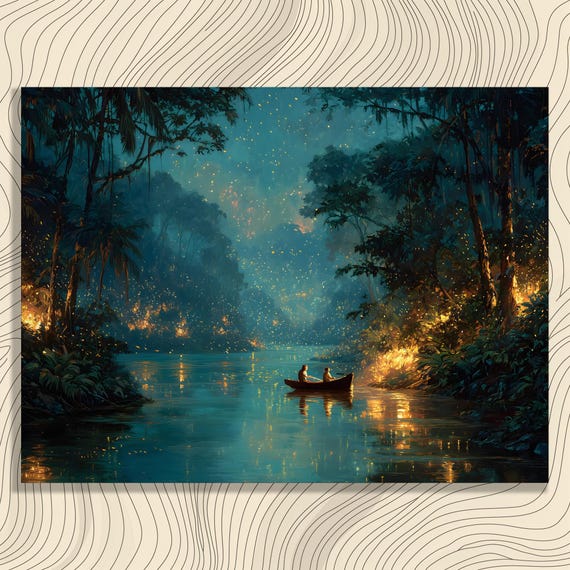 Tropical Jungle River Canvas Wall Art Glowing Fireflies Night Canoe Painting Fantasy Print Forest Landscape Nature Decor Adventure Gift