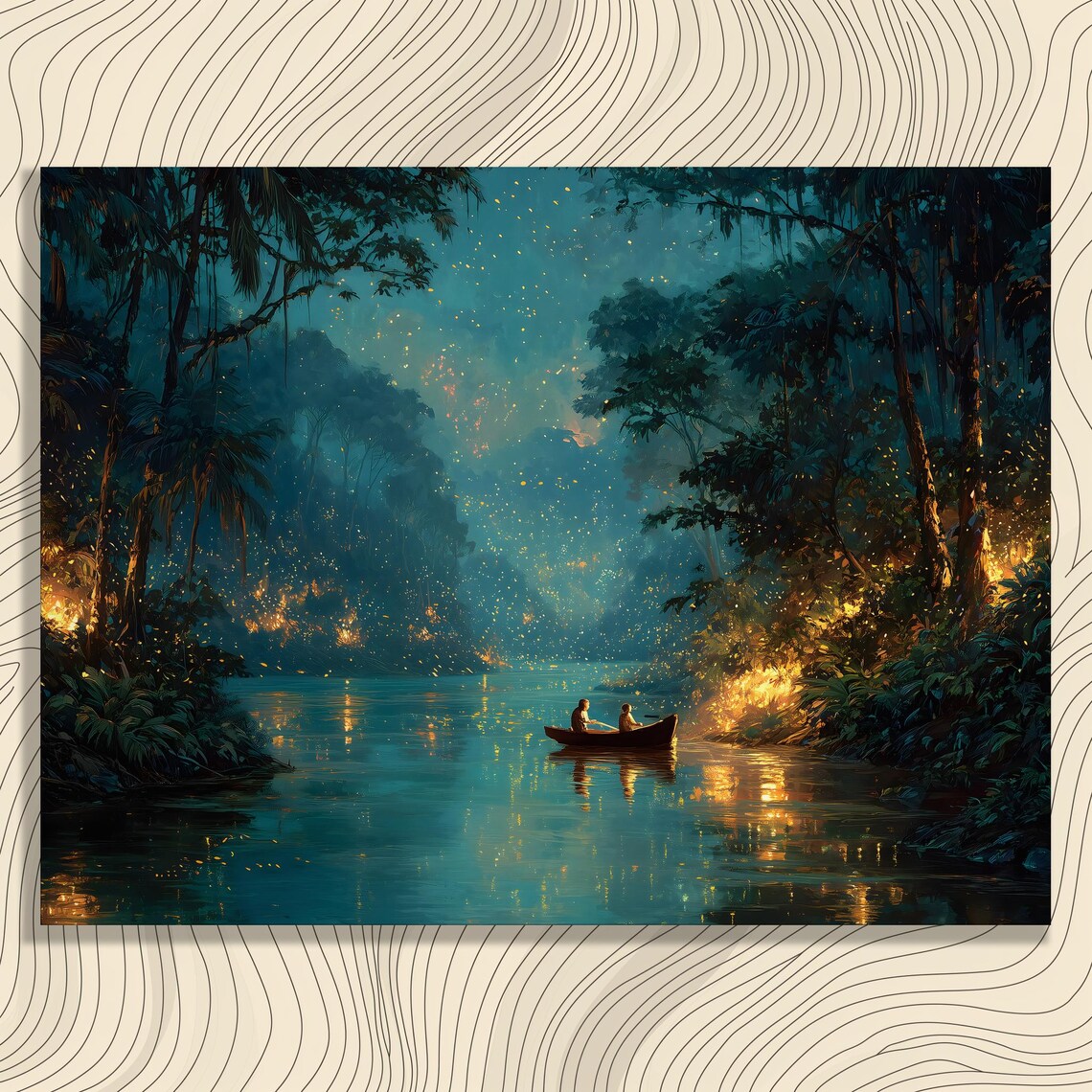 Firefly Jungle River Night Canoe Glow Tropical Canvas Wall Art