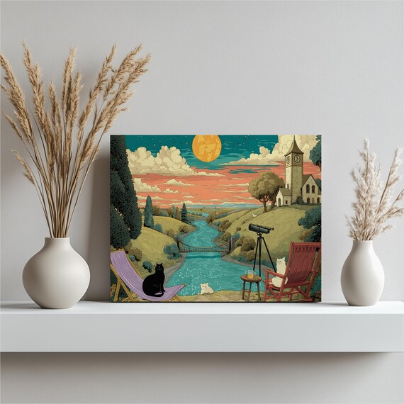 Whimsical Cat Moon Canvas Wall Art Colorful Print Moonlit River Sunset Bridge Stargazing Night Sky Painting Nature Decor Gift