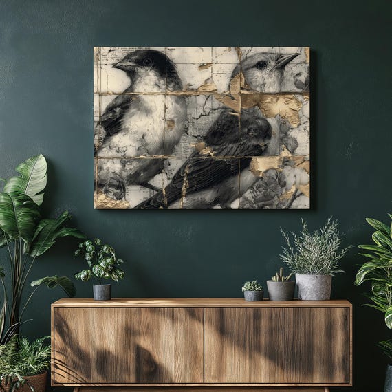 Vintage Songbird Botanical Canvas Wall Art Gold Leaf Collage Print Black White Nature Decor Wildlife Artwork Bird Gift