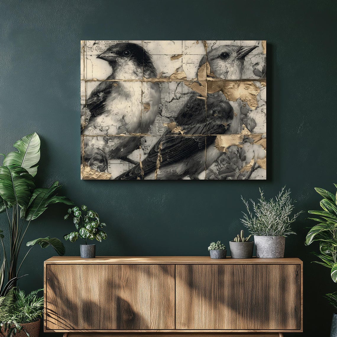 Vintage Songbird Botanical Canvas Wall Art Gold Leaf Collage Print Black White Nature Decor Wildlife Artwork Bird Gift
