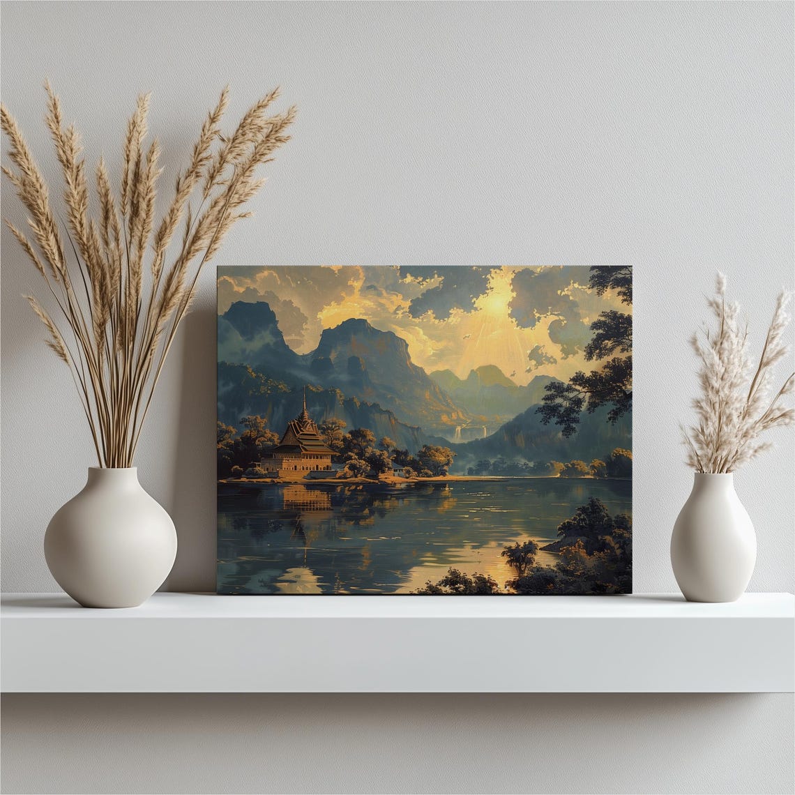 Laos River Temple Karst Mountains Misty Boats Scenic Art Poster
