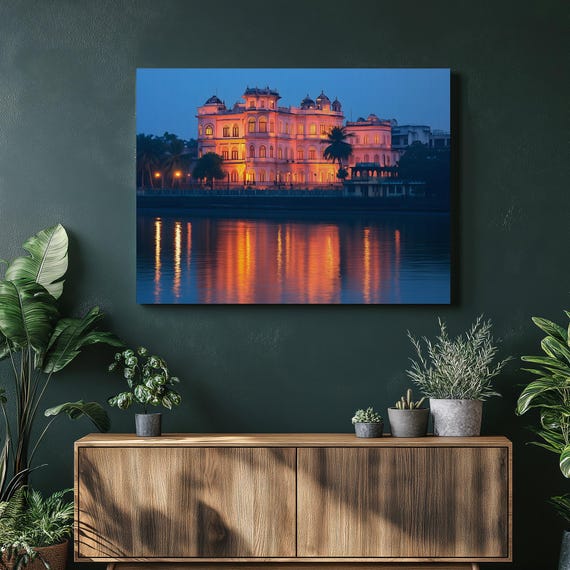 Palace At Dusk Canvas Wall Art Photorealistic Architecture Print With Water Reflection Tropical Palms Colorful Decor Painting Gift
