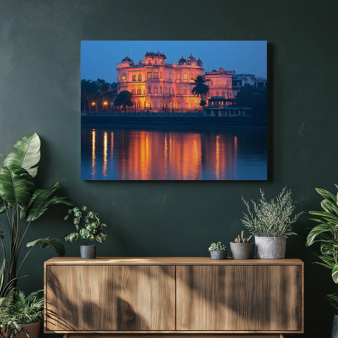 Illuminated Grand Palace at Dusk Water Reflection Art Poster
