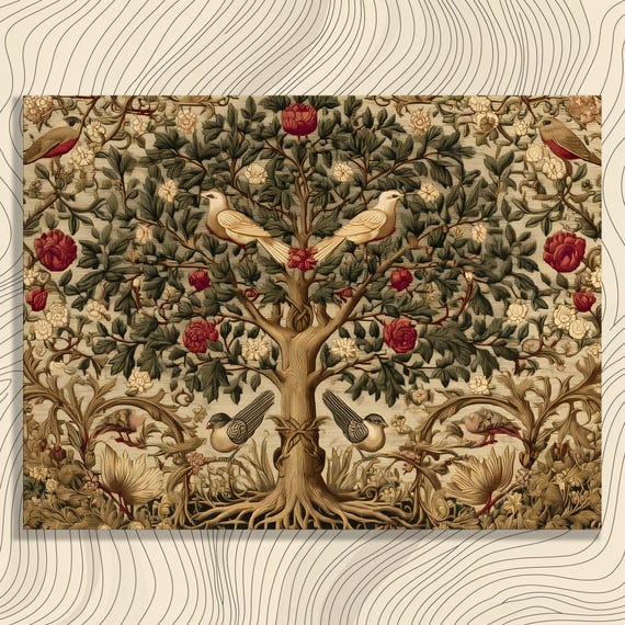 Tree Of Life Canvas Wall Art Vintage Floral Birds Botanical Pattern Boho Arts And Crafts Style Neutral Beige Green Nature Decor Print Gift