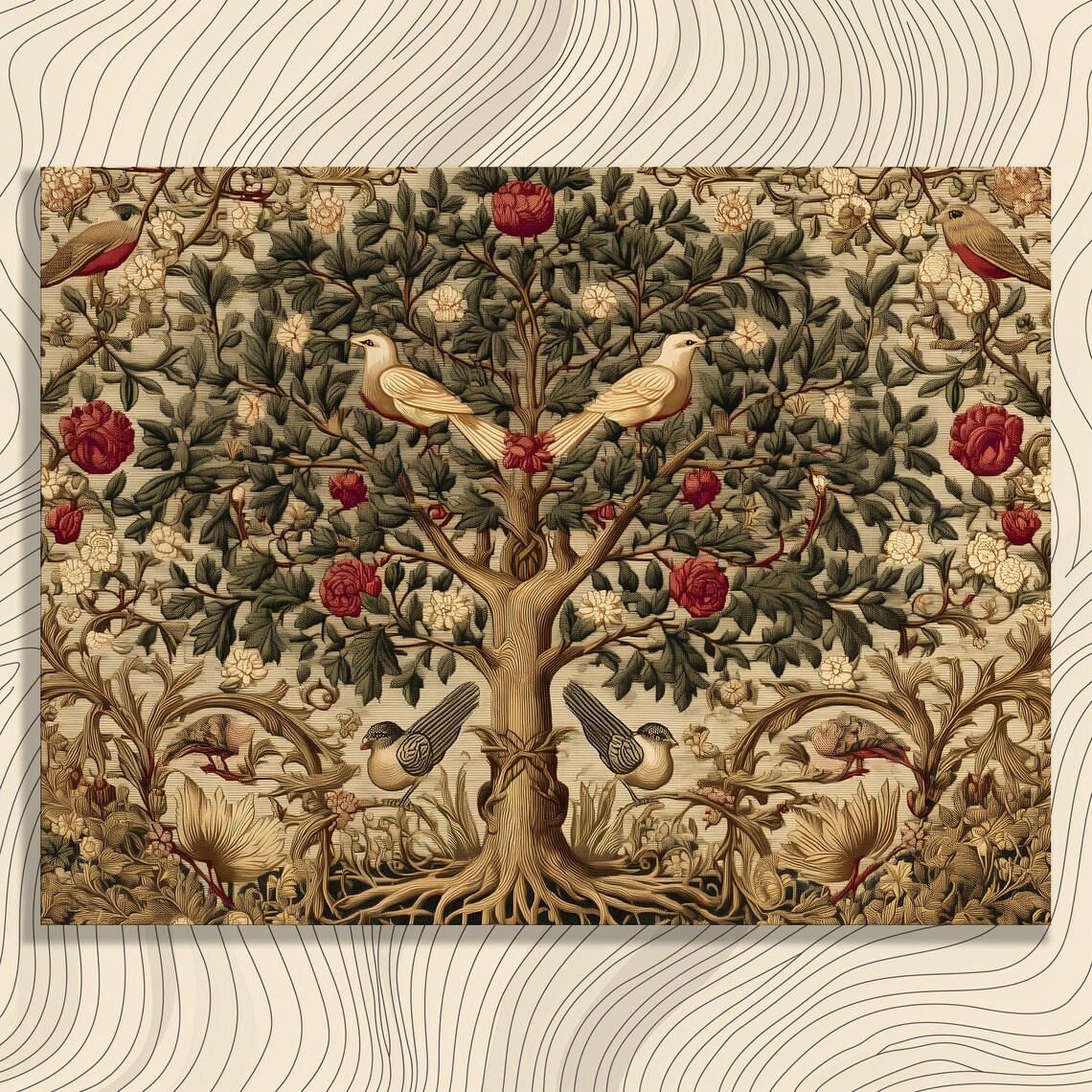 Tree Of Life Birds Vintage Floral Botanical Tapestry Wall Art