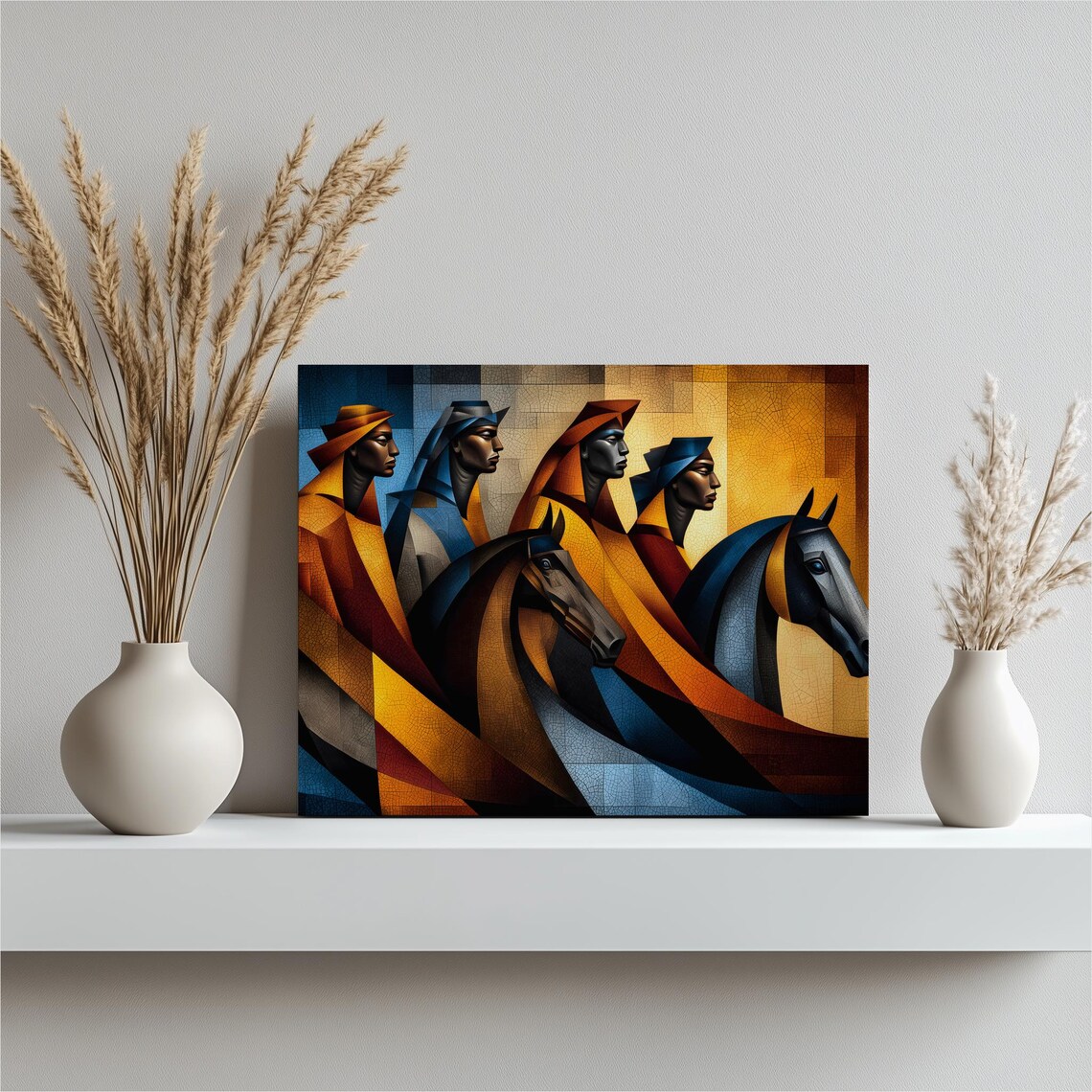 Abstract Horse Riders Canvas Wall Art Geometric Mosaic Texture Equestrian Decor Modern Desert Artwork Cubist Mongolian Steppe