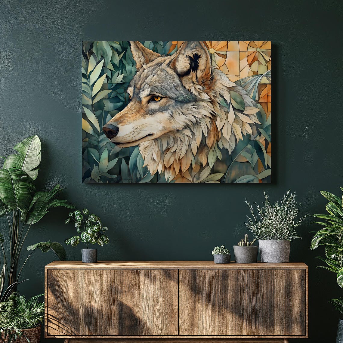 Bold Wolf Botanical Portrait Wildlife Nature Profile Art Print