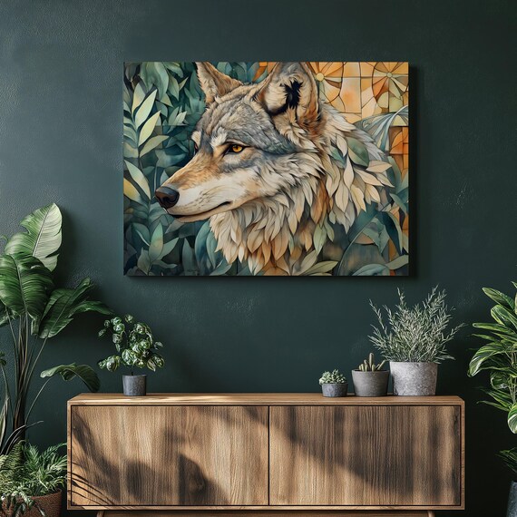 Wolf Profile Canvas Wall Art Botanical Leaves Wildlife Print With Mosaic Inspired Details Nature Decor Forest Animal Portrait