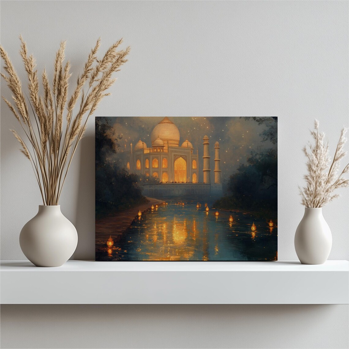 Taj Mahal Golden Lantern Lit Night Reflection Waterway Art Poster