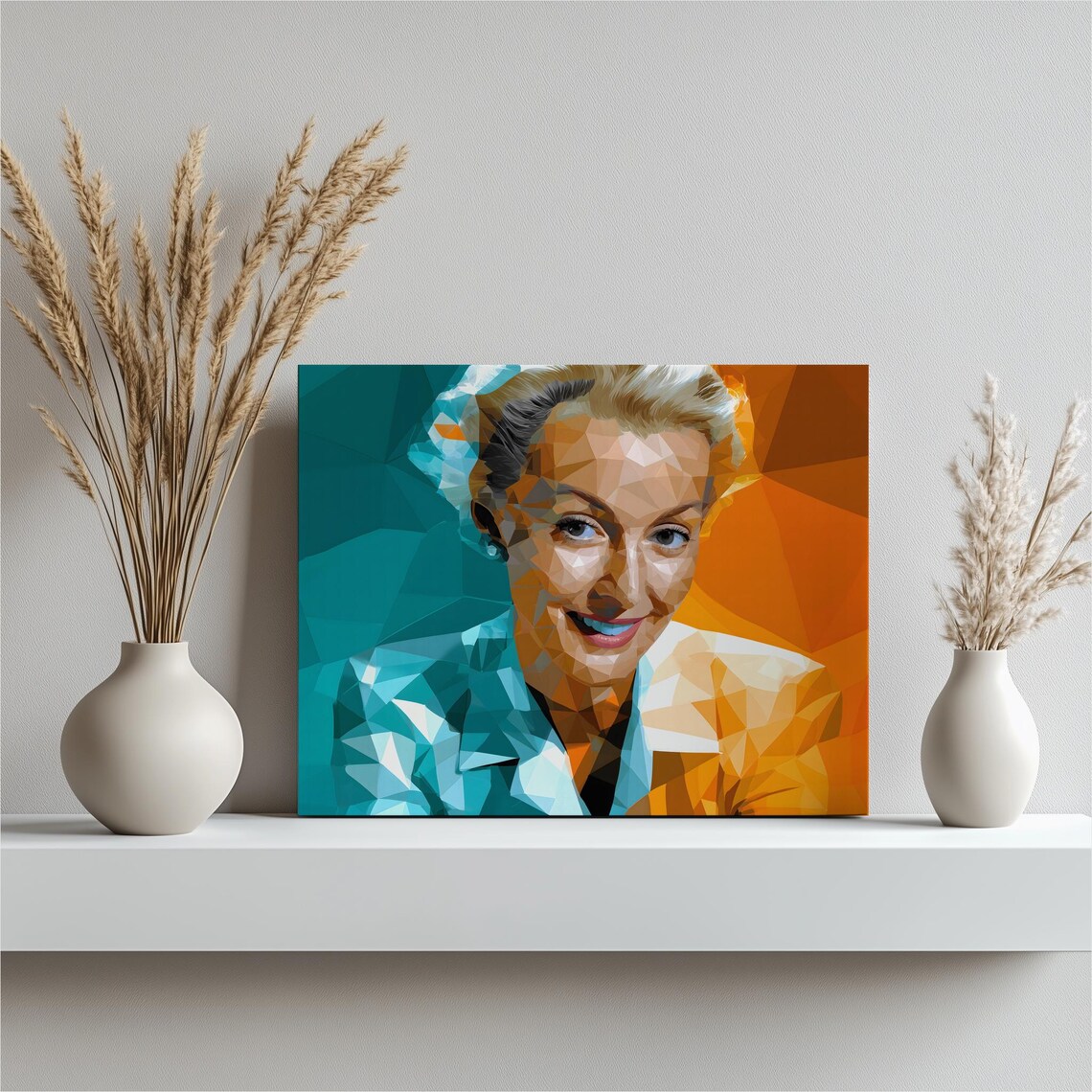 Low Poly Smiling Woman Portrait Geometric Teal and Orange Poster