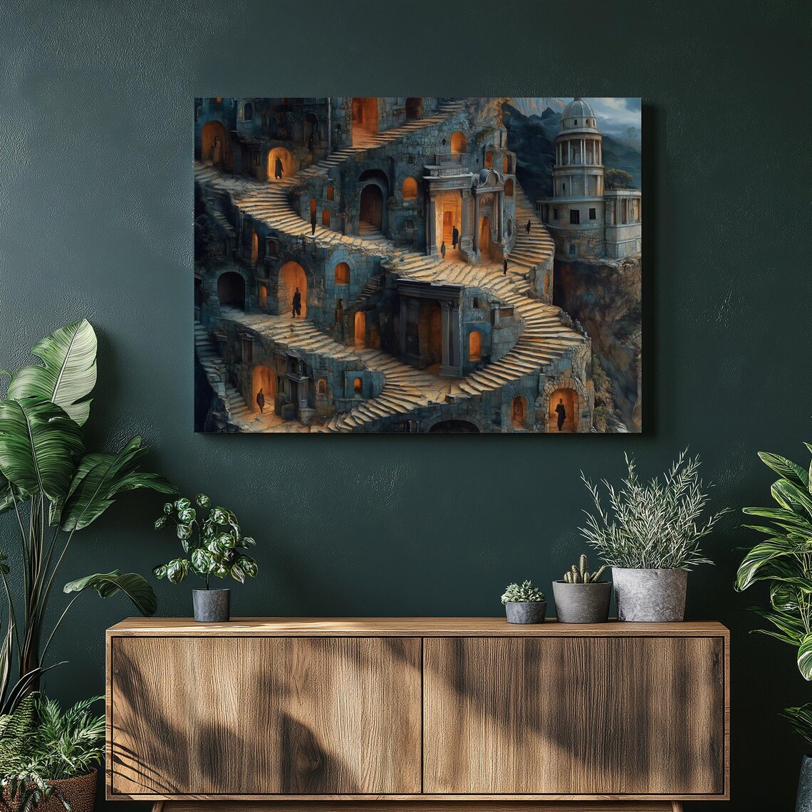 Labyrinth Stairs Surreal Cliffside City Ruins Glowing Arch Poster