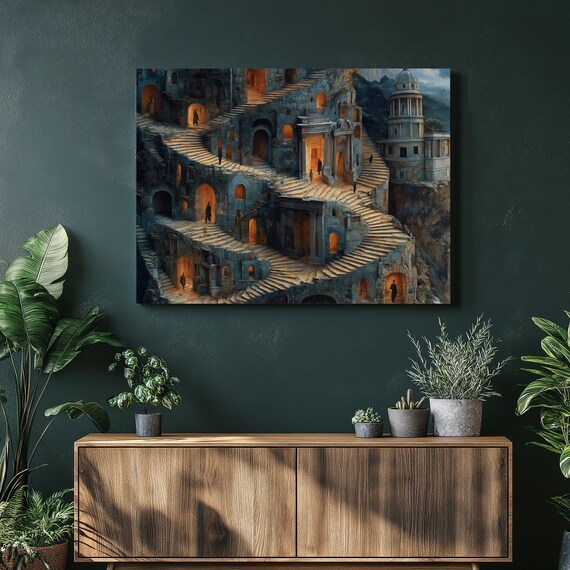 Labyrinth Stairs Surreal Cliffside City Ruins Glowing Arch Poster