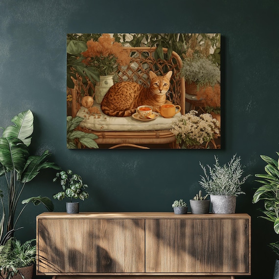 Bengal Cat Lounging on Rattan Bench with Tea Cozy Botanical Scene Poster