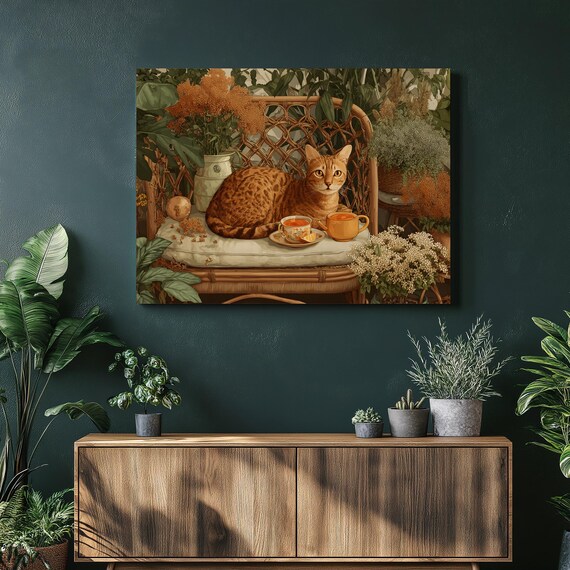 Boho Cat Canvas Wall Art Orange Tabby Print Botanical Decor Wicker Chair Cozy Colorful Bohemian Gift For Plant Fans Tea Cup