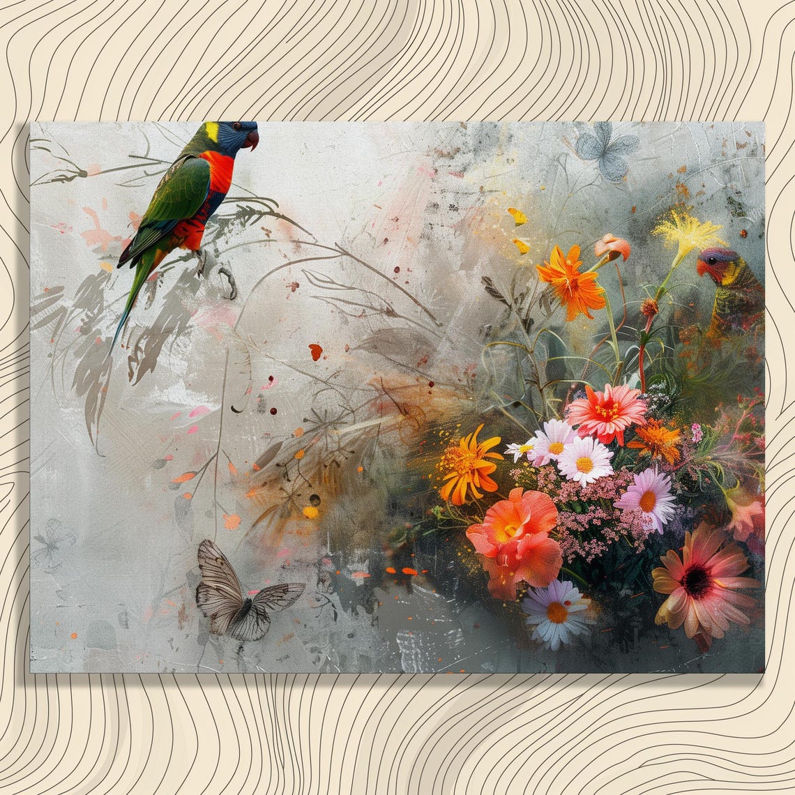 Rainbow Lorikeet Parrot Wildflower Garden Mixed Media Art Print