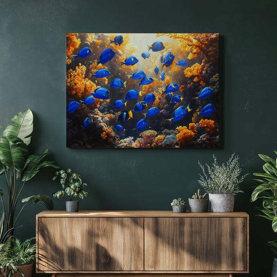 Vibrant Blue Tang Canvas Wall Art Print Tropical Coral Reef Painting Decor Ocean Home Office For Lovers