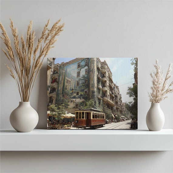 Vintage Tram Street Canvas Wall Art Urban Architecture Travel Decor