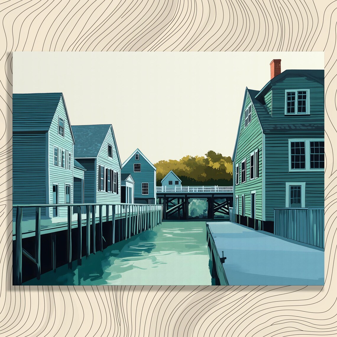 Coastal Canal Wooden Houses Teal Illustration Travel Art Poster