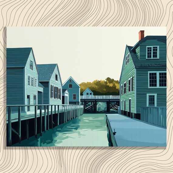 Coastal Canal Wooden Houses Teal Illustration Travel Art Poster