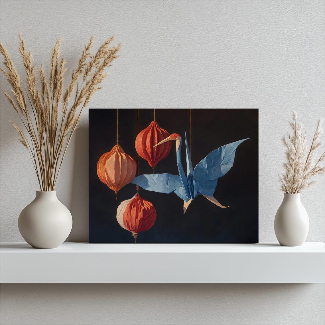 Blue Origami Crane Hanging Paper Lanterns Dark Elegant Art Poster
