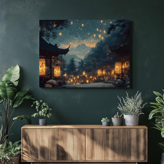 Lantern Festival Canvas Wall Art Starry Night Market Village With Floating Lanterns Mountain Silhouettes Pagoda Rooftops Twilight Decor
