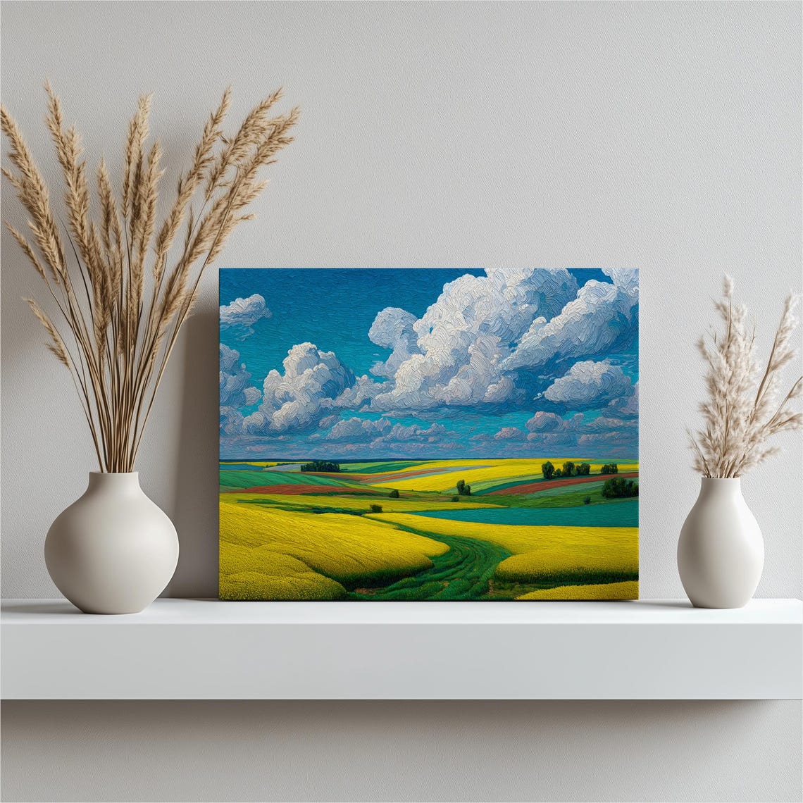 Colorful Countryside Fields Under Dramatic Clouds Landscape Print