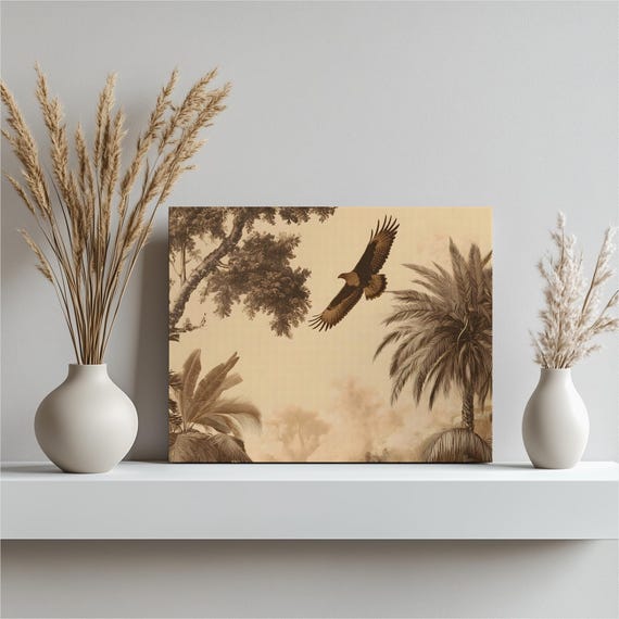 Vintage Hawk Palms Canvas Wall Art Sepia Engraving Of A Soaring Raptor Above Tropical Jungle Foliage Rainforest Scene Wildlife Decor