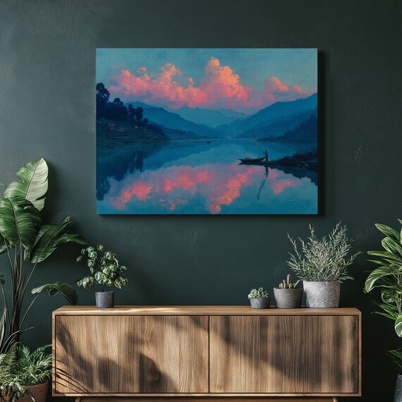 Mountain Lake Sunset Painting Pink Clouds Fisherman Boat Poster