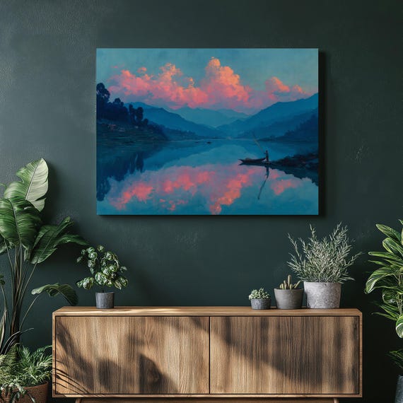 Mountain Sunset Lake Canvas Wall Art Colorful Dusk Reflections Landscape Print Fisherman In Small Fishing Boat Misty Mountains Pink Clouds