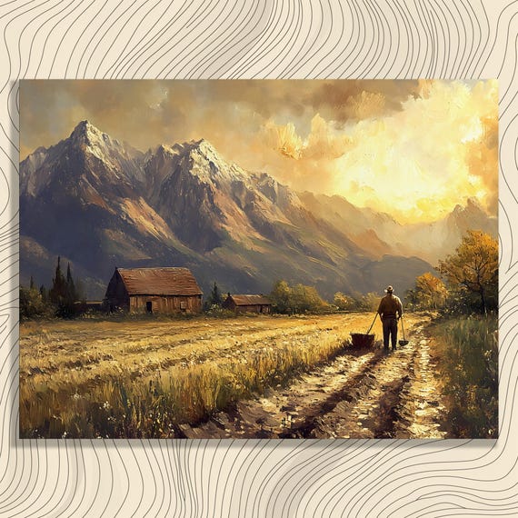 Serene Sunset Landscape Canvas Wall Art Rolling Hills Countryside View Print Mountain Decor Rural Path Farmer Walking