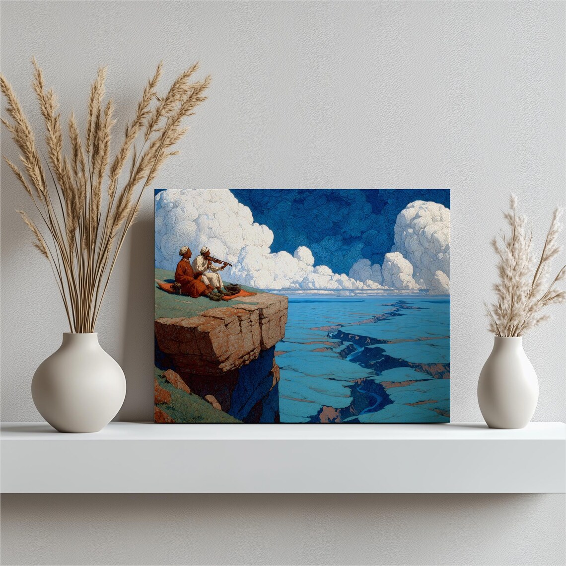 Musicians Resting on a Rocky Cliff Above a Vast Blue Canyon Wall Art