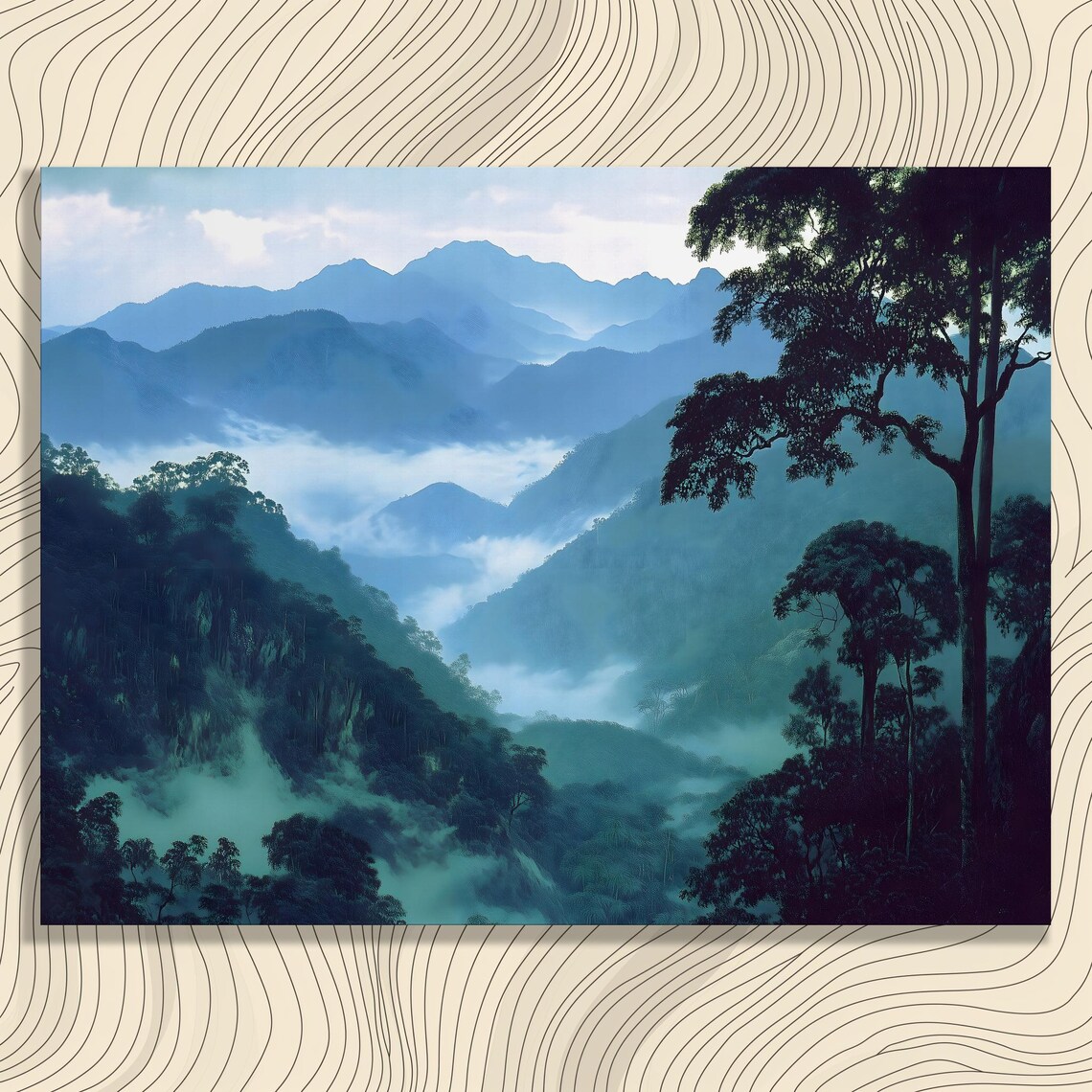 Misty Tropical Mountains Canvas Wall Art Blue Foggy Landscape Scene
