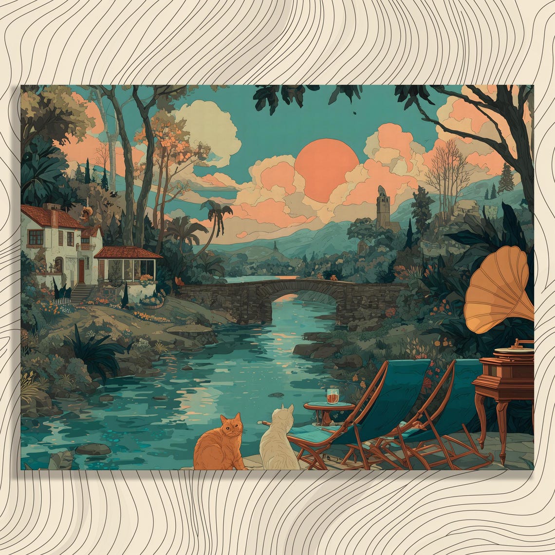 Whimsical Cats by River at Sunset With Bridge Rustic Storybook Poster