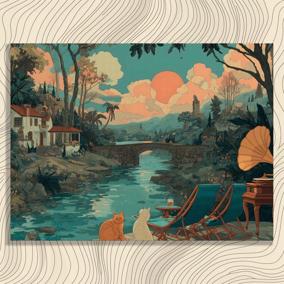 Cats By River Canvas Wall Art Sunset Landscape Rustic Cottage Stone Bridge Wildflowers Vintage Gramophone Illustration Nature Gift Print