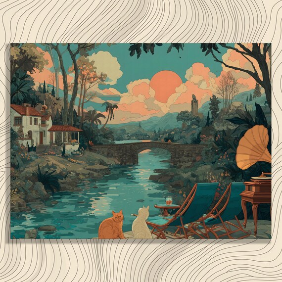 Whimsical Cats by River at Sunset With Bridge Rustic Storybook Poster