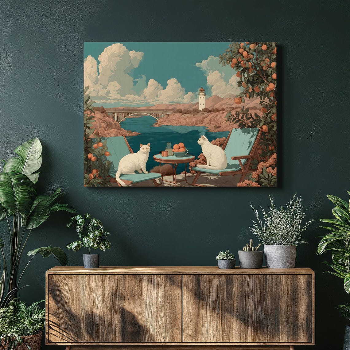 Two White Cats Relaxing Over a Coastal Lighthouse View Summer Poster