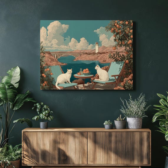 Coastal Cats Canvas Wall Art Lighthouse Scene With Arched Bridge Orange Tree Sea View Modern Colorful Illustration Tropical Summer Decor