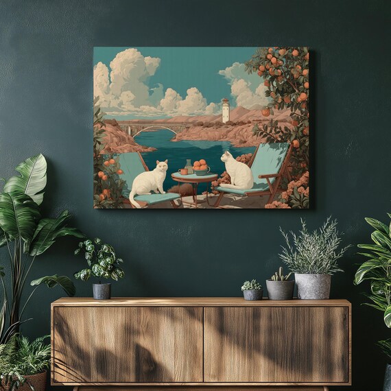 Two White Cats Relaxing Over a Coastal Lighthouse View Summer Poster