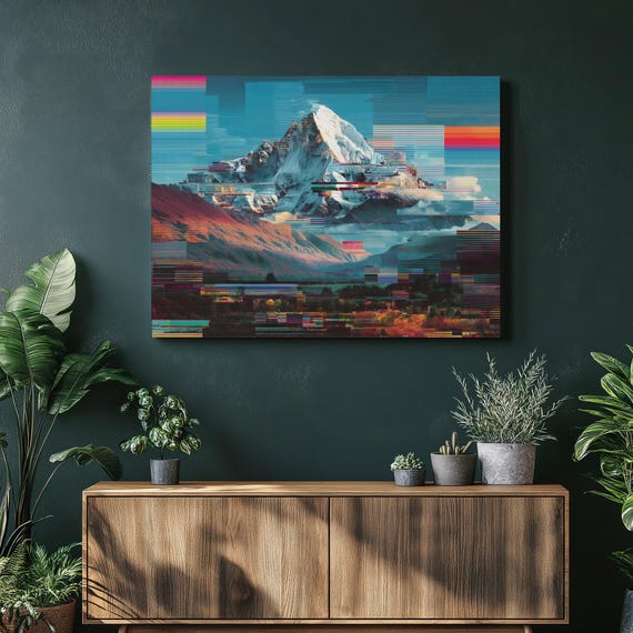 Glitch Mountain Landscape Canvas Wall Art Modern Decor Artwork Colorful Winter Scenery Snowy Peak Scenic View Print