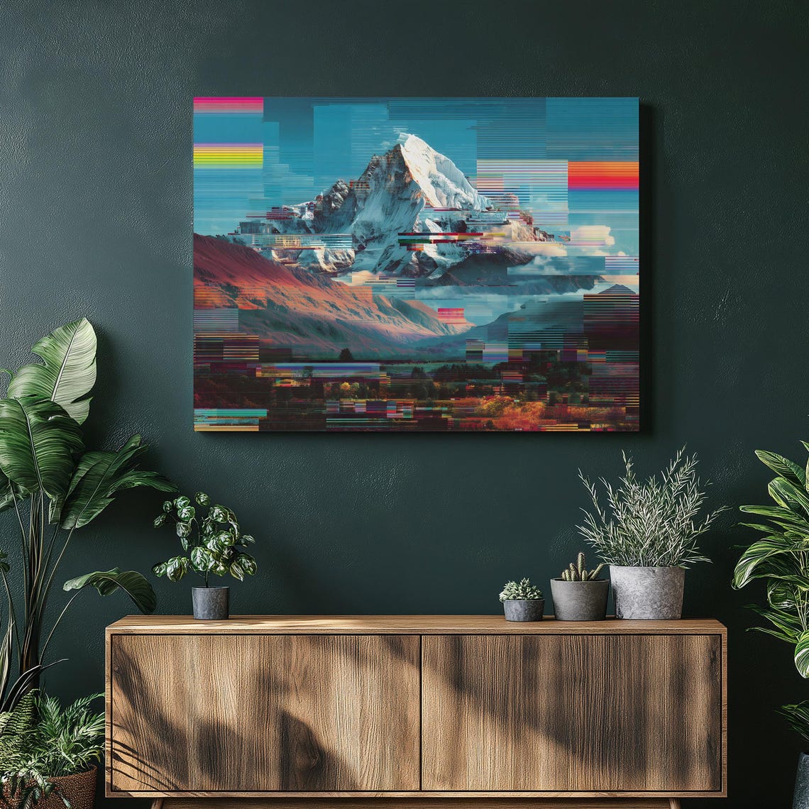 Modern Glitch Art Snowy Mountain With Digital Distortion Poster